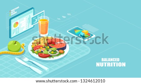 Healthy balanced diet and weight loss program concept. Isometric vector of a nutrition app showing nutrition facts and assisting in calories count of a meal  Royalty-Free Stock Photo #1324612010