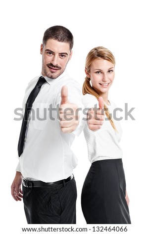 Happy Casual Business Couple Doing an OK Sign Isolated on White
