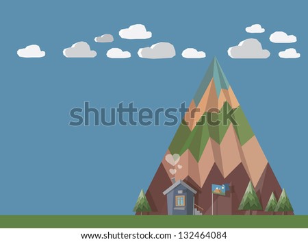 Little house at the end of the world with chimney smoke in shape of hearts in front of big mountain with trees, green and clouds.  All in stylish 3D shape with huge copy space for your text.