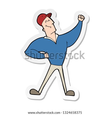 sticker of a cartoon man striking heroic pose