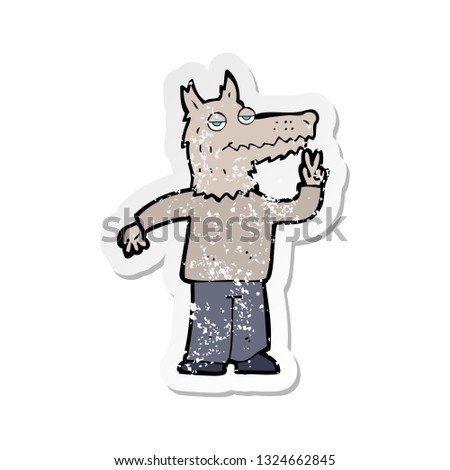 retro distressed sticker of a cartoon happy wolf man
