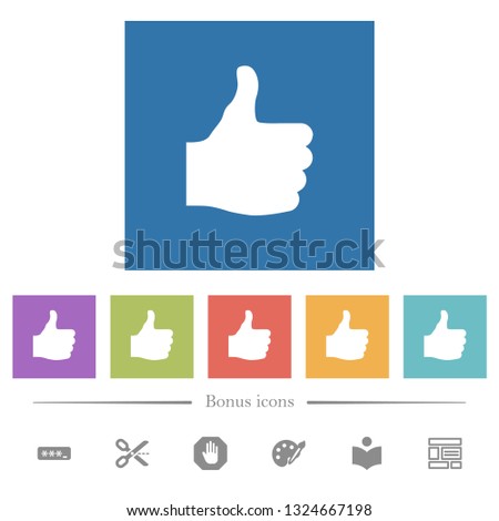 Thumbs up flat white icons in square backgrounds. 6 bonus icons included.