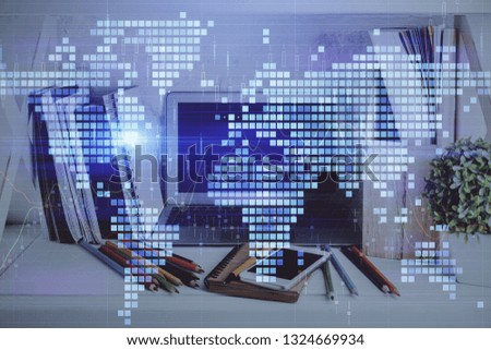 Double exposure of World map polygonal with work space background. Globalization concept.