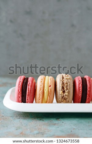 French assorted macarons cakes on a rectangular dish on a gray background. Colorful Small French cakes. Top View. 