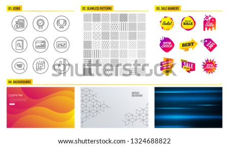 Seamless pattern. Shopping mall banners. Set of Search files, Architectural plan and Finance calculator icons. Quickstart guide, Dj controller and Winner signs. Vector