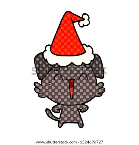 happy little dog hand drawn comic book style illustration of a wearing santa hat