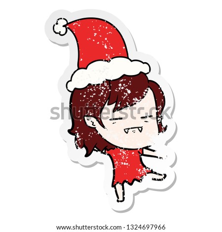 hand drawn distressed sticker cartoon of a undead vampire girl wearing santa hat