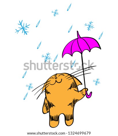 lovely cartoon cat with umbrella in the rain funny vector illustration