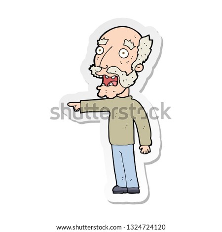 sticker of a cartoon scared old man pointing
