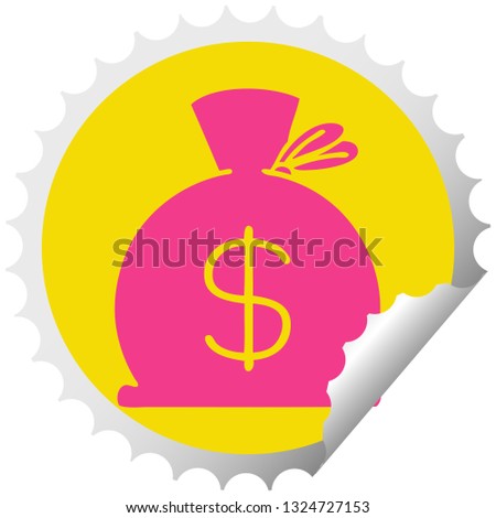 circular peeling sticker cartoon of a bag of money