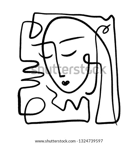 Simple hand drawn black and white trendy line portrait art. Abstract composition. Monochrome print for clothes, textile and other. Vector illustration