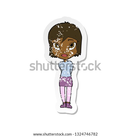 retro distressed sticker of a cartoon shy girl