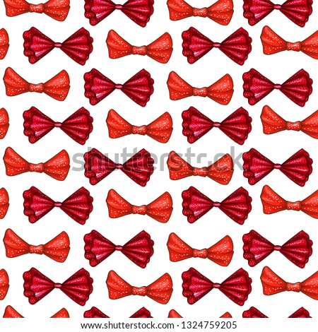 Red bows hand drawn color seamless pattern. Ribbon gift knots cartoon texture. Bowknots flat contour cliparts. Bow-ties in dots doodle sketch background. Wallpaper, wrapping paper festive design