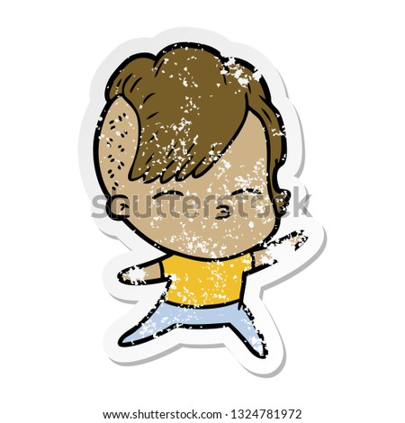 distressed sticker of a cartoon squinting girl