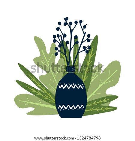 Tableware Vase with greens on white background. Simple linear style, flat Vector Illustration.  home decor store emblem, scandinavian and minimal interior decoration, accessories and objects. 