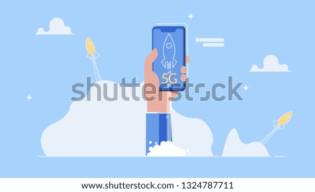 5G Internet connection with rocket. Mobile phone in hand. Network system in clouds