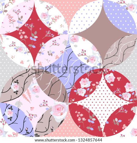 Original patchwork pattern with floral and polka dot patches. Seamless quilt design. Print for fabric, textile, wallpaper.