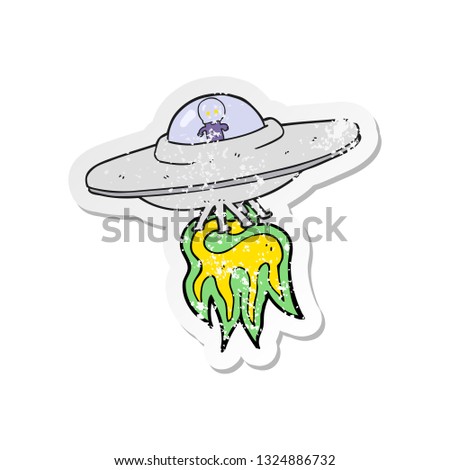 retro distressed sticker of a cartoon alien flying saucer