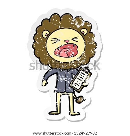 distressed sticker of a cartoon lion salesman