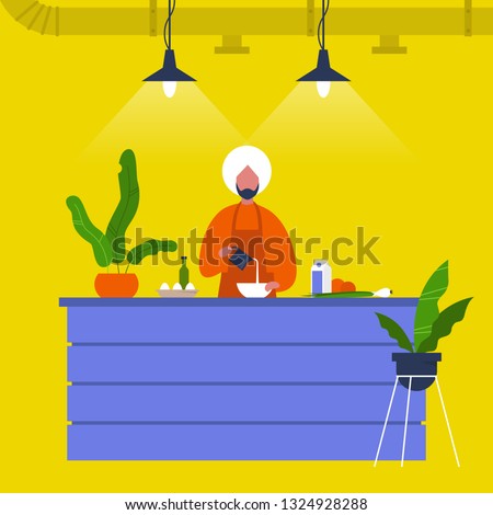 Kitchen. Young indian male chief cooking food at the counter. Cafe. Loft interior. Modern lifestyle. Flat editable vector illustration, clip art