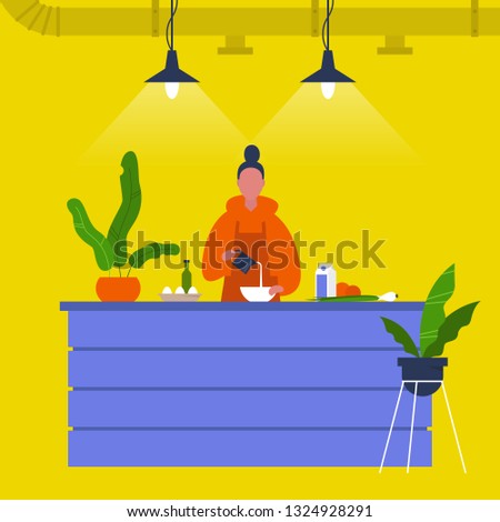Kitchen. Young female chief cooking food at the counter. Cafe. Loft interior. Modern lifestyle. Flat editable vector illustration, clip art