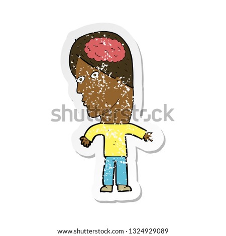 retro distressed sticker of a cartoon man with brain symbol