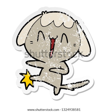 distressed sticker of a cartoon laughing dog kicking