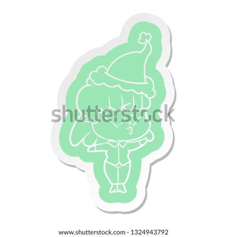 quirky cartoon  sticker of a whistling girl wearing santa hat