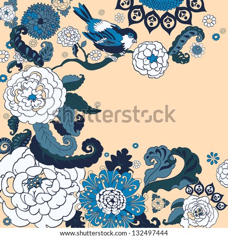 Spring coming card with Blue Bird. Floral background, spring theme, greeting card. Template design can be used for packaging,invitations, widow decoration, print for packet, cup, scarf and etc.