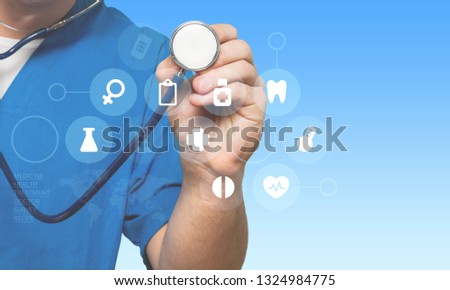 Medicine doctor holding stethoscope ready to help and group of elements flat icons in medicine, medical, health, cross, heartbeat, health care of media screen in a hospital