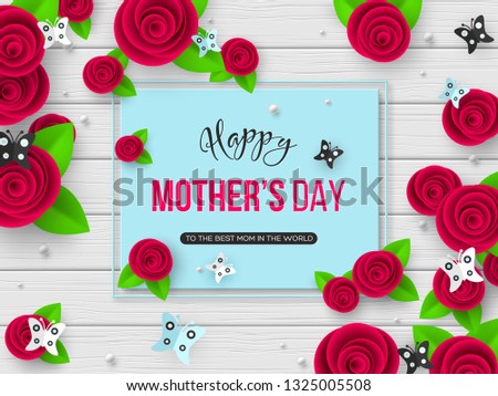 Happy Mothers day greeting card. 3d paper cut flowers with butterfly and frame, wood texture background. Vector illustration.