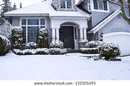 Horizontal photo of suburban home with snow on lawn, plants, trees and roof