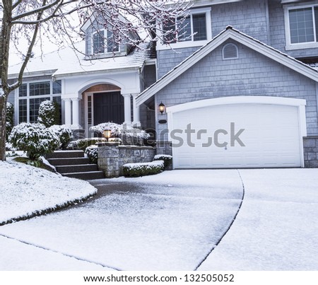 photo of suburban home with snow on drive way, lawn, plants, trees and roof