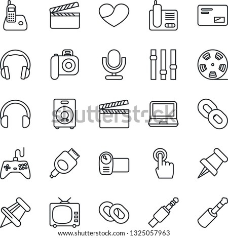 Thin Line Icon Set - clapboard vector, reel, camera, tv, gamepad, settings, video, microphone, touch screen, headphones, laptop pc, radio phone, chain, speaker, heart, paper pin, mail, hdmi