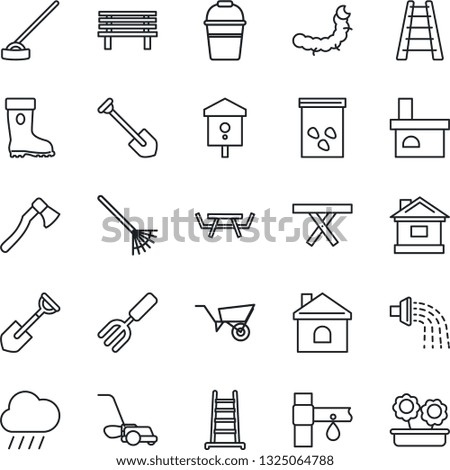 Thin Line Icon Set - job vector, garden fork, shovel, rake, ladder, wheelbarrow, bucket, watering, boot, lawn mower, house, rain, hoe, axe, bench, fireplace, seeds, caterpillar, picnic table, bird