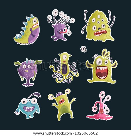 Cute cartoon vector monster icons in a flat style. Handdrawn stickers. Color baby cliparts. Big set of isolated halloween characters.