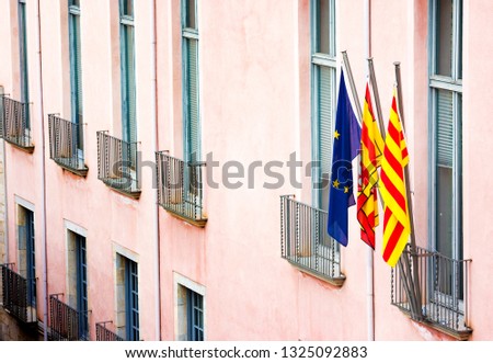 Flage of European union, Spain and Catalonia. Girona