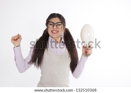 Young nerd woman has an idea with giant light bulb