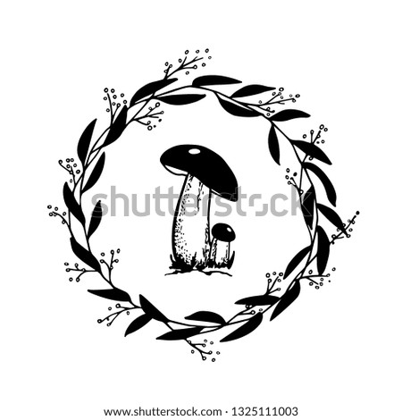 Vector emblem with hand drawn wild mushroom a in floral wreath. Ink drawing, graphic style. Beautiful design elements.