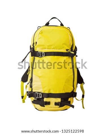 Front view of yellow backpack with straps for trekking, ski tours, freeride and other activities. Sport equipment isolated on white background Royalty-Free Stock Photo #1325122598