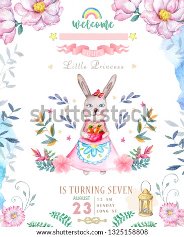 Cute happy birthday card with cartoon Bunny. Watercolor rabbit clip art and beauty boho pink flowers, floral. lamp light and leaf for Happy Easter on white background