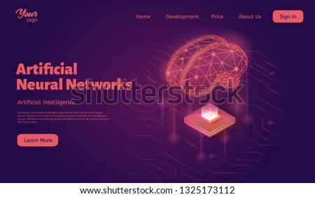 Artificial neural networks landing web page template. Bran and computer chip concept. Machine learning structure. Artificial intelligence isometric vector illustration.