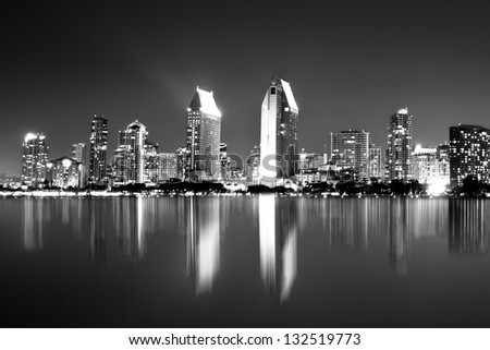 Night view of  San Diego skyline in black and white