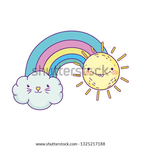 clouds and rainbow with sun kawaii characters