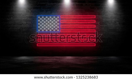 
USA flag neon sign. Night bright Signboard USA flag.
American flag on an old brick wall, neon light. National Day USA. Festive background with American neon flag. Dark room, corridor, tunnel neon 