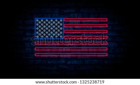
USA flag neon sign. Night bright Signboard USA flag.
American flag on an old brick wall, neon light. National Day USA. Festive background with American neon flag. Dark room, corridor, tunnel neon 