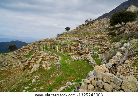 Minoan site of Azoria on a double peaked hill overlooking the Gulf of Mirabello in eastern Crete, Greece            