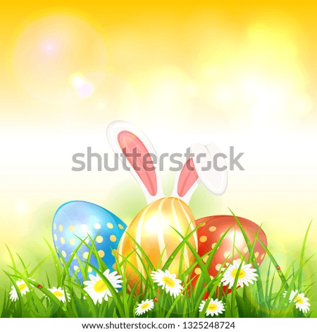 Easter theme with bunny ears and colorful eggs on grass with flowers. Yellow nature background with white rabbit and three Easter eggs, illustration.