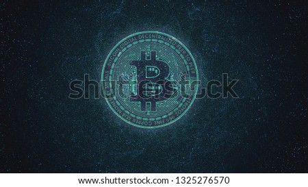 Colorful cryptocurrency bitcoin in space represent a network of digital money surrounded by blue cyan gold hatch colors