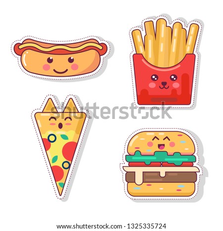set of cute fast food poster design with vector kawaii junk character Cartoon  Isolated print for greeting card. post card. flyer, badges, sticker, poster, postcard, patches, banner, scrapbooking